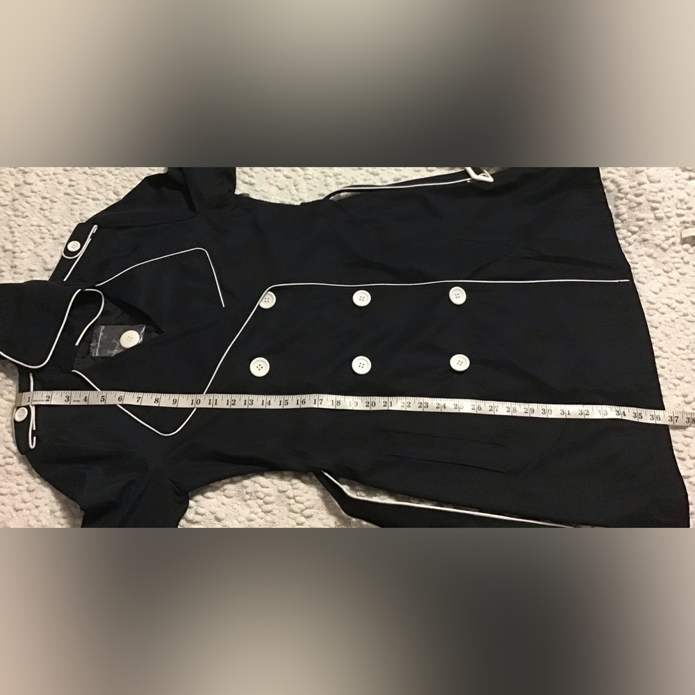 Vertigo black w/ white piping retro style collared belted rain tench coat jacket - Picture 12 of 12